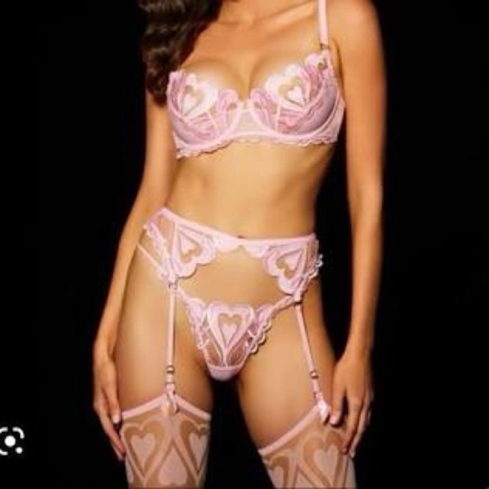 Honey Birdette Pink Heart Bra and Garter set 34 DDD/f